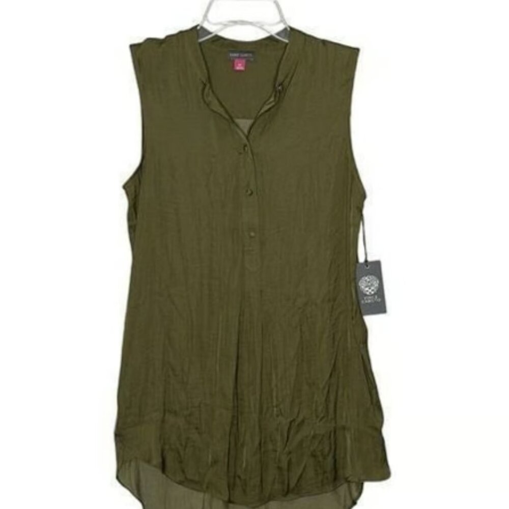 Vince Camuto Womens Green Rumpled Sleeveless Henley Tunic